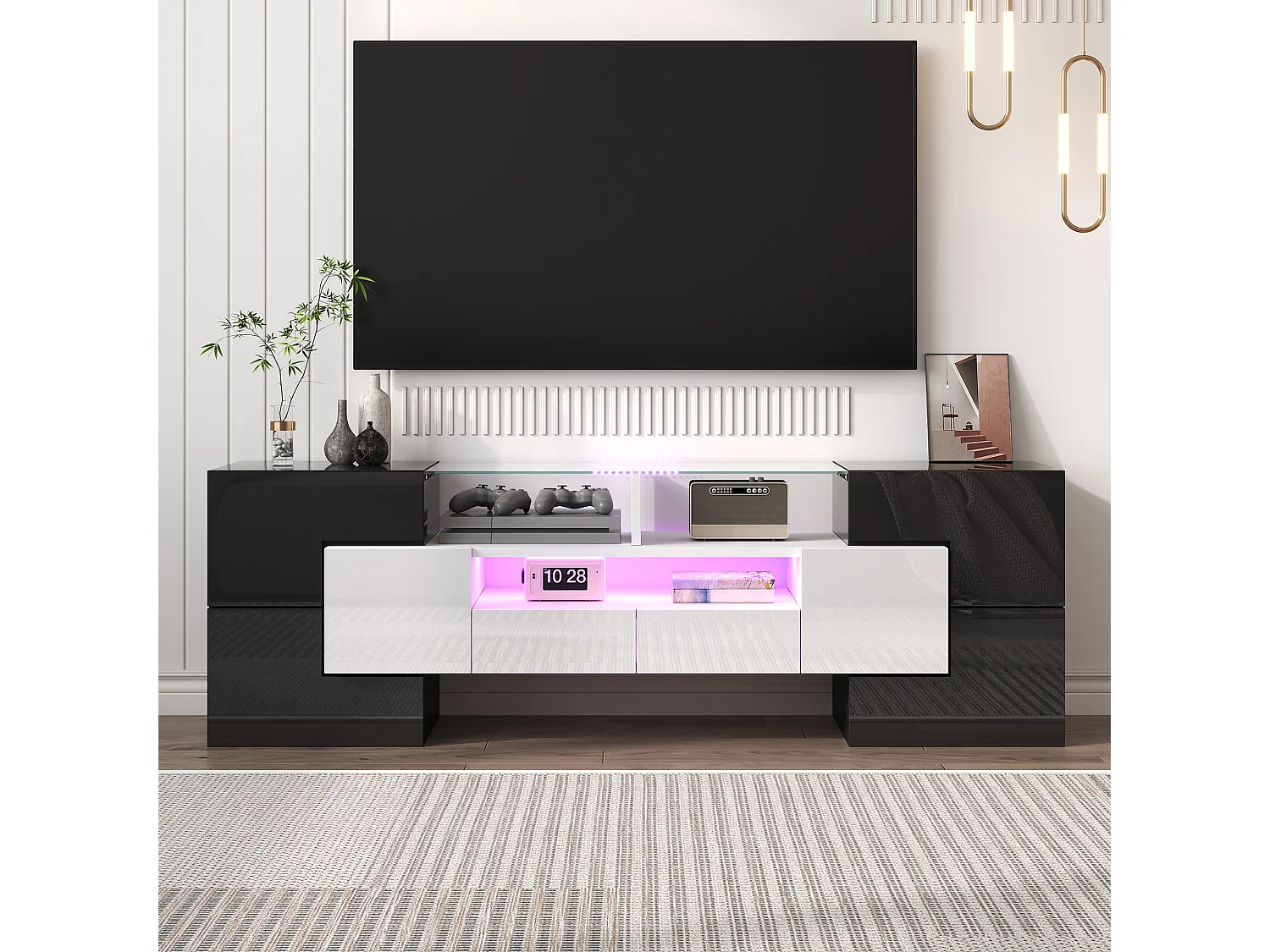 Meuble TV avec 6 portes, 2 tiroirs et 2 niches, LED inclus, en noir et blanc laqué brillant - 145x30x51cm