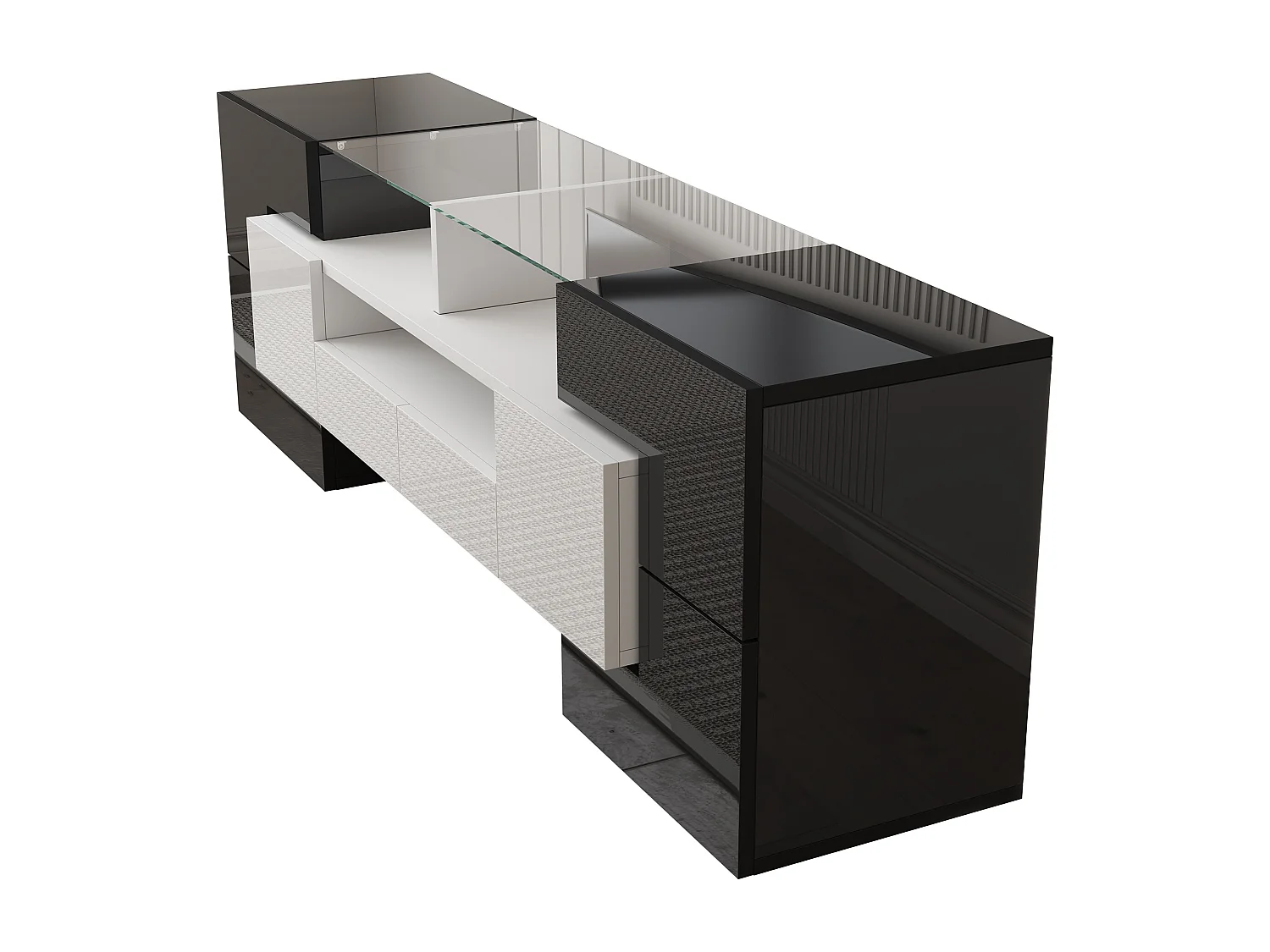 Meuble TV avec 6 portes, 2 tiroirs et 2 niches, LED inclus, en noir et blanc laqué brillant - 145x30x51cm