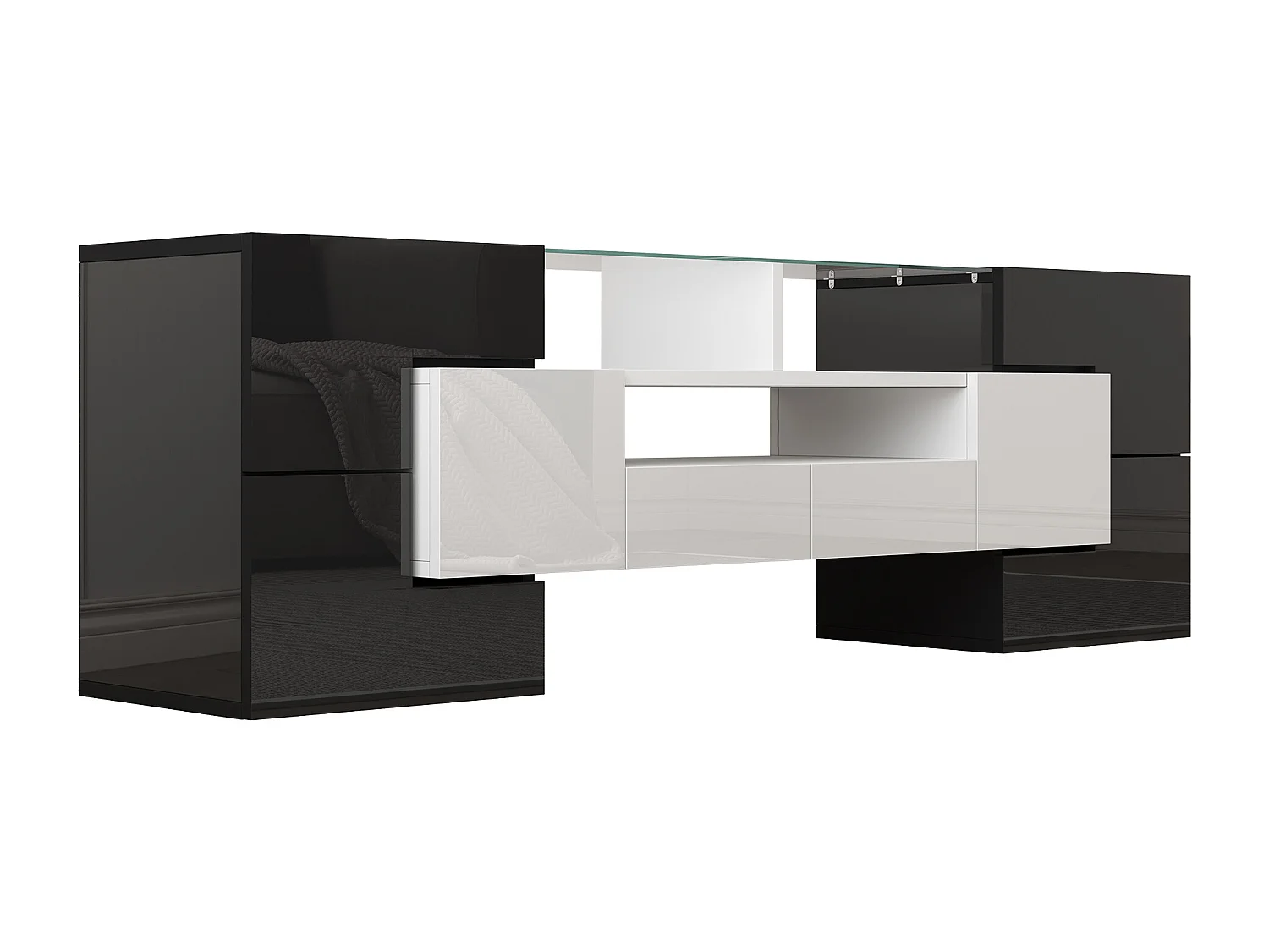 Meuble TV avec 6 portes, 2 tiroirs et 2 niches, LED inclus, en noir et blanc laqué brillant - 145x30x51cm