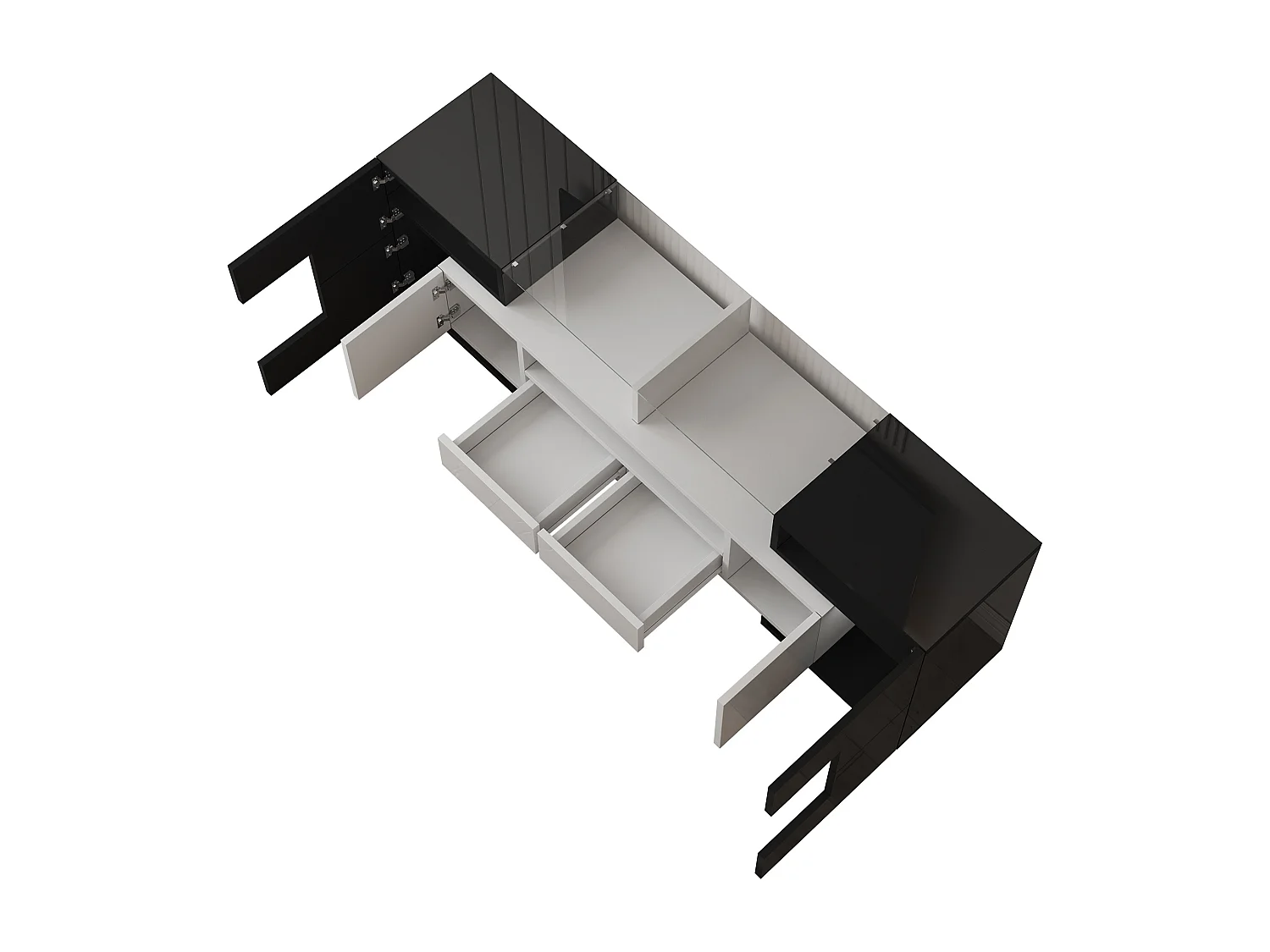 Meuble TV avec 6 portes, 2 tiroirs et 2 niches, LED inclus, en noir et blanc laqué brillant - 145x30x51cm