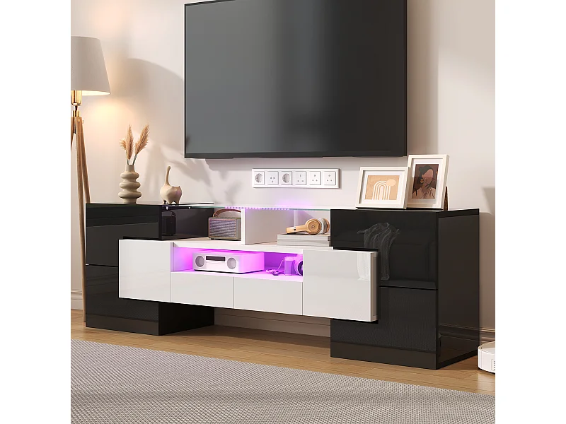 Meuble TV avec 6 portes, 2 tiroirs et 2 niches, LED inclus, en noir et blanc laqué brillant - 145x30x51cm