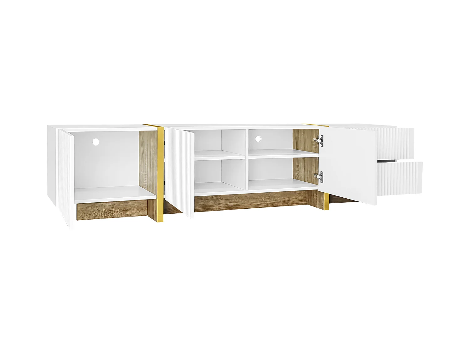 TV-meubel met 3 deuren en 2 lades, gegroefde body in wit met gouden accenten - 190x35x45cm