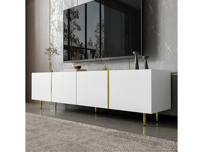 Meuble TV avec 4 portes, corps en blanc laqué brillant et bande doré - 170x35x46cm