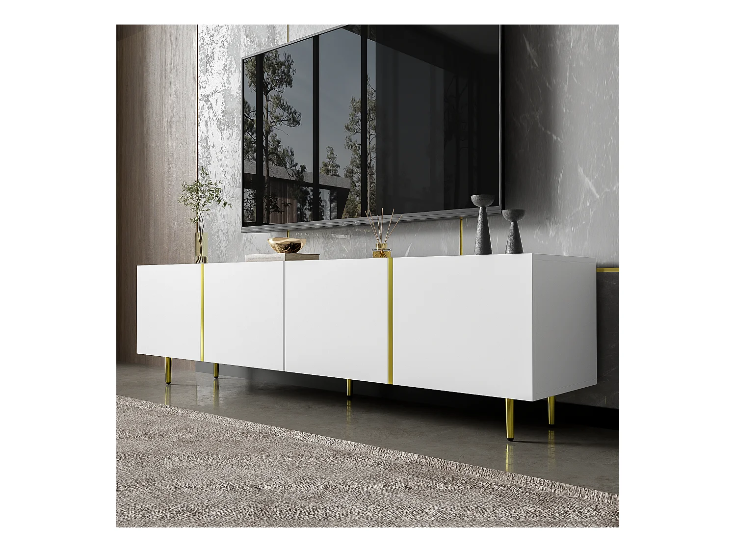 Meuble TV avec 4 portes, corps en blanc laqué brillant et bande doré - 170x35x46cm