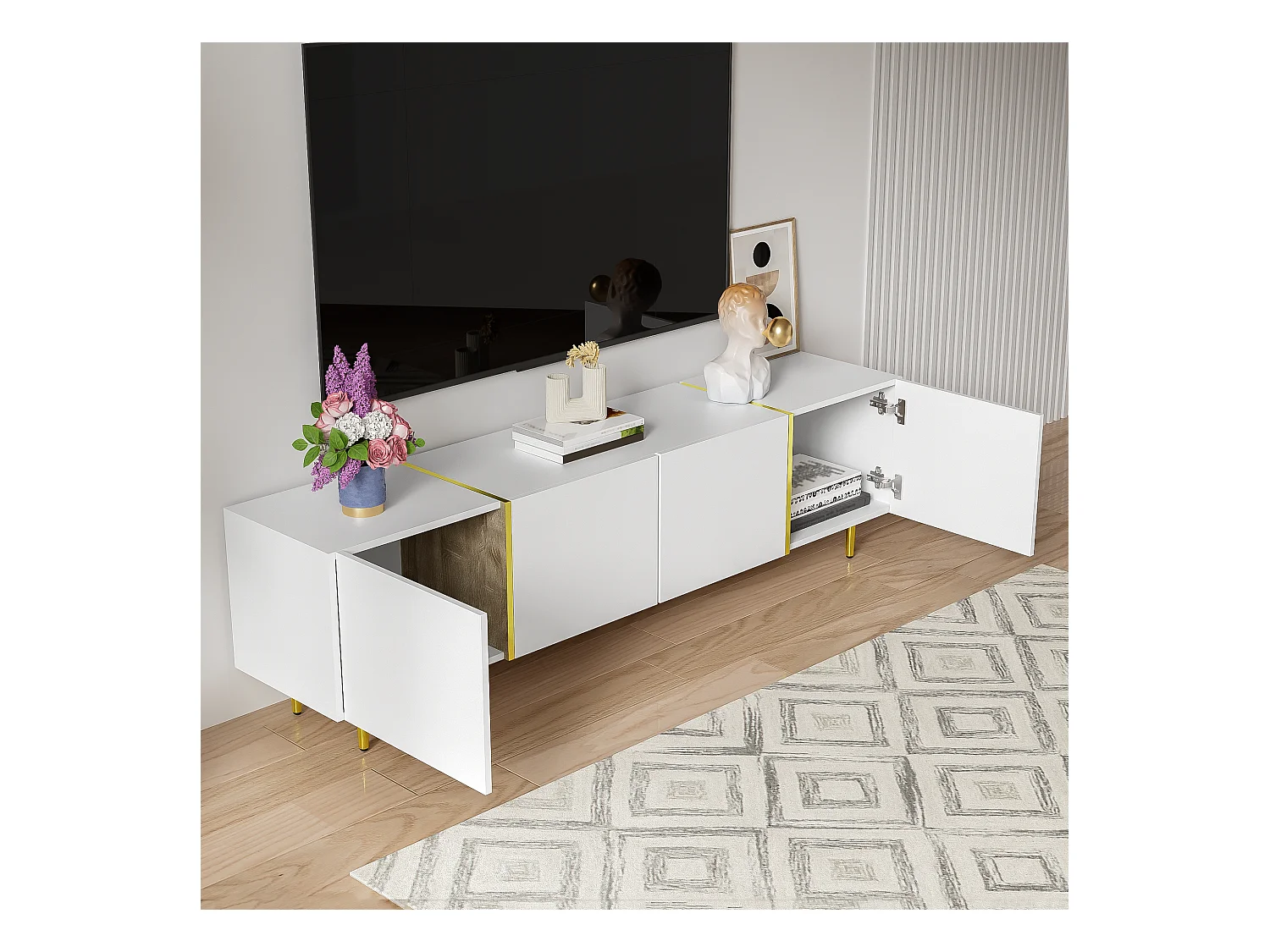 Meuble TV avec 4 portes, corps en blanc laqué brillant et bande doré - 170x35x46cm