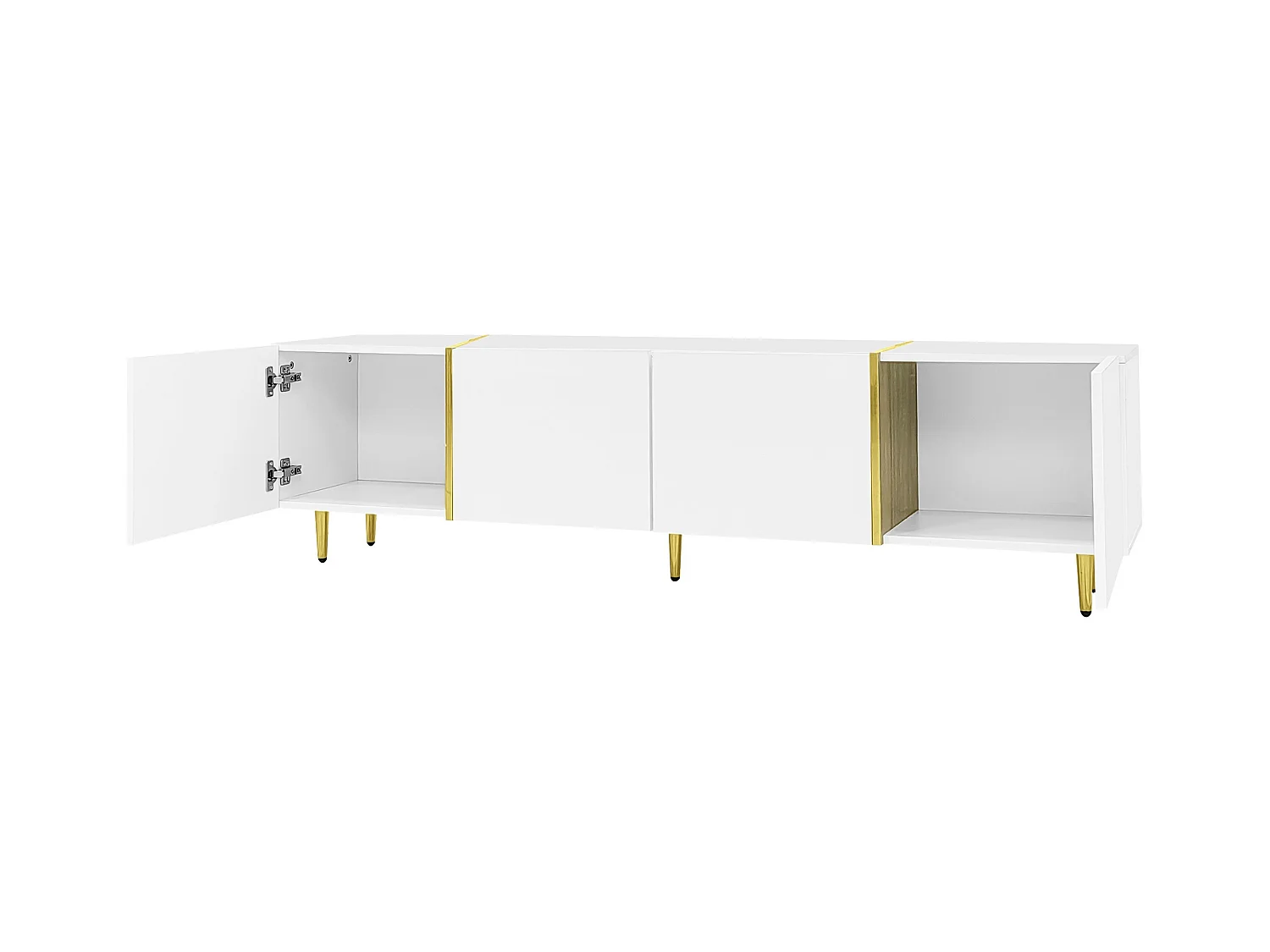 Meuble TV avec 4 portes, corps en blanc laqué brillant et bande doré - 170x35x46cm