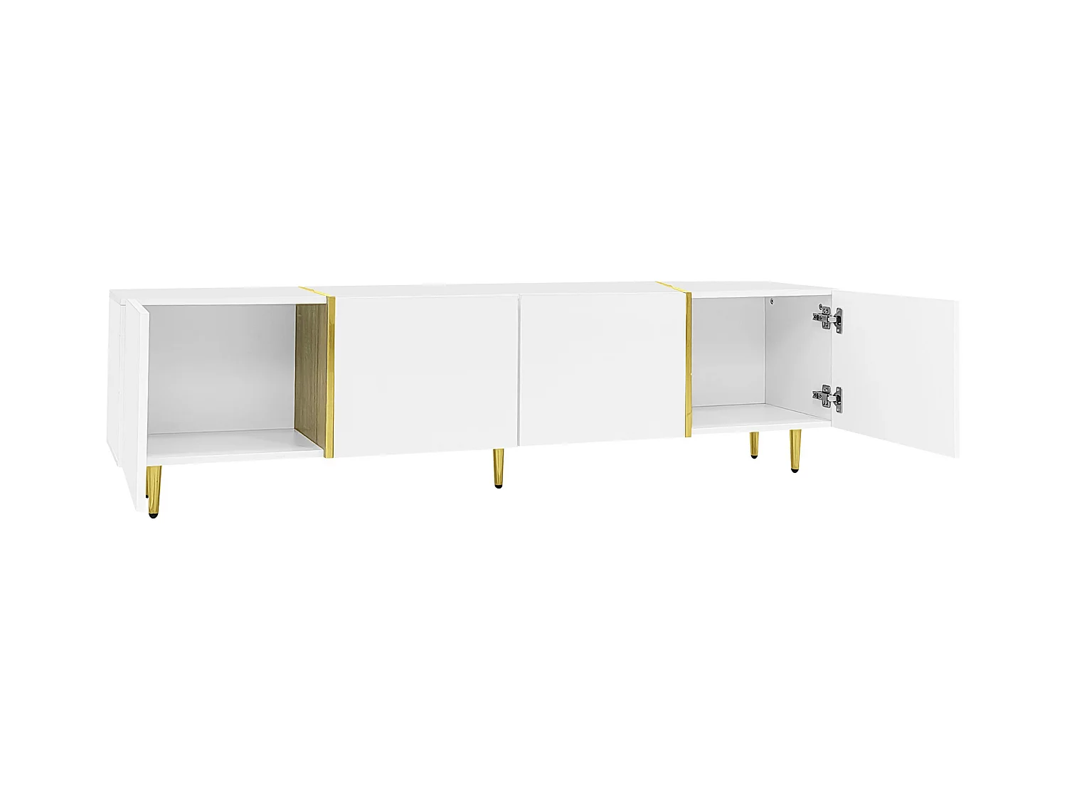 Meuble TV avec 4 portes, corps en blanc laqué brillant et bande doré - 170x35x46cm