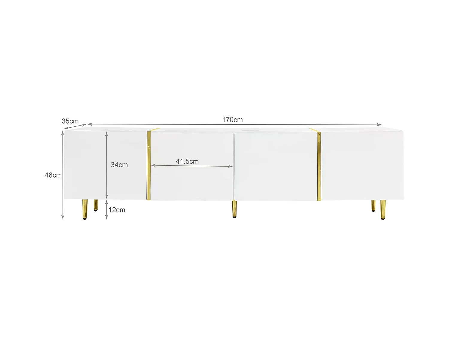 Meuble TV avec 4 portes, corps en blanc laqué brillant et bande doré - 170x35x46cm
