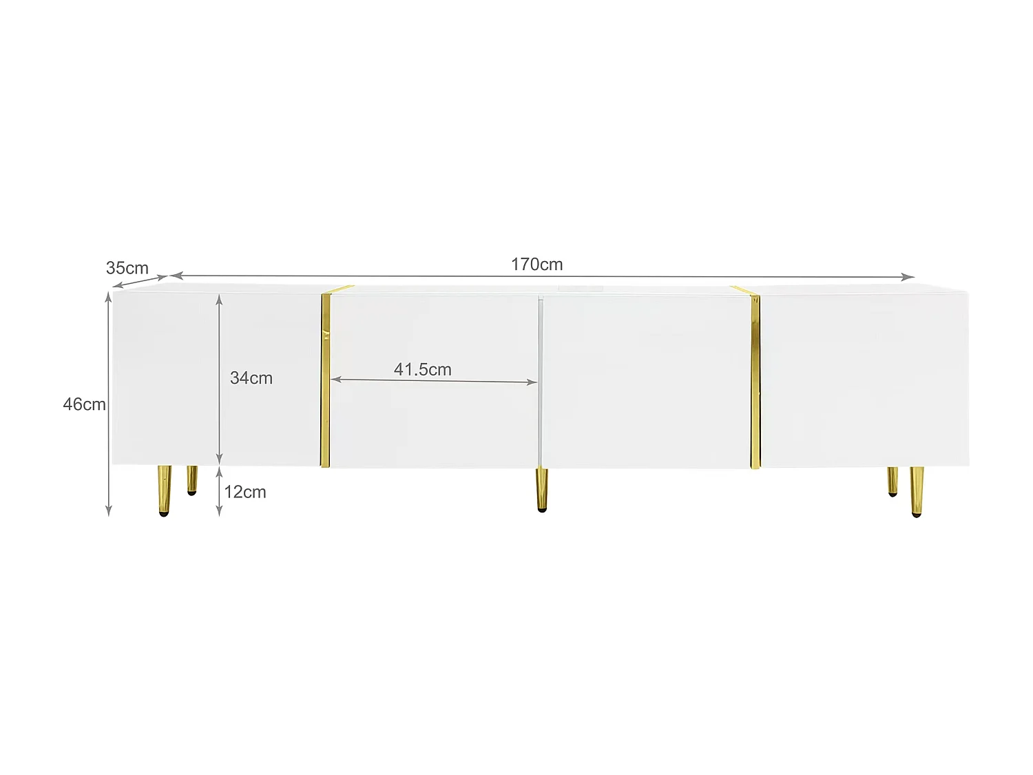 Mobile porta TV 4 ante, corpo laccato bianco lucido e fascia oro - 170x35x46cm