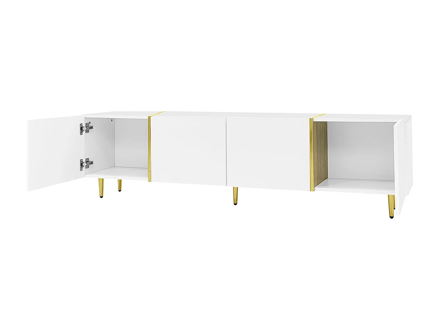 Mobile porta TV 4 ante, corpo laccato bianco lucido e fascia oro - 170x35x46cm