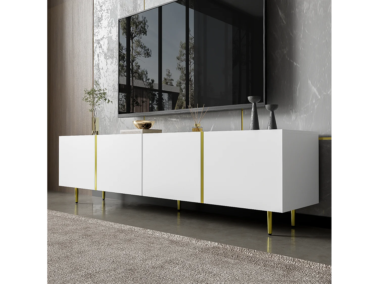 Meuble TV avec 4 portes, corps en blanc laqué brillant et bande doré - 170x35x46cm