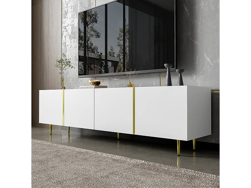 Mobile porta TV 4 ante, corpo laccato bianco lucido e fascia oro - 170x35x46cm