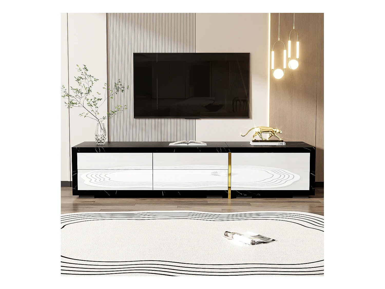 Meuble TV avec 3 portes, Longueur ajustable, façade blanche brillante et côtés en placage marbre noir - 140/260x40x30cm