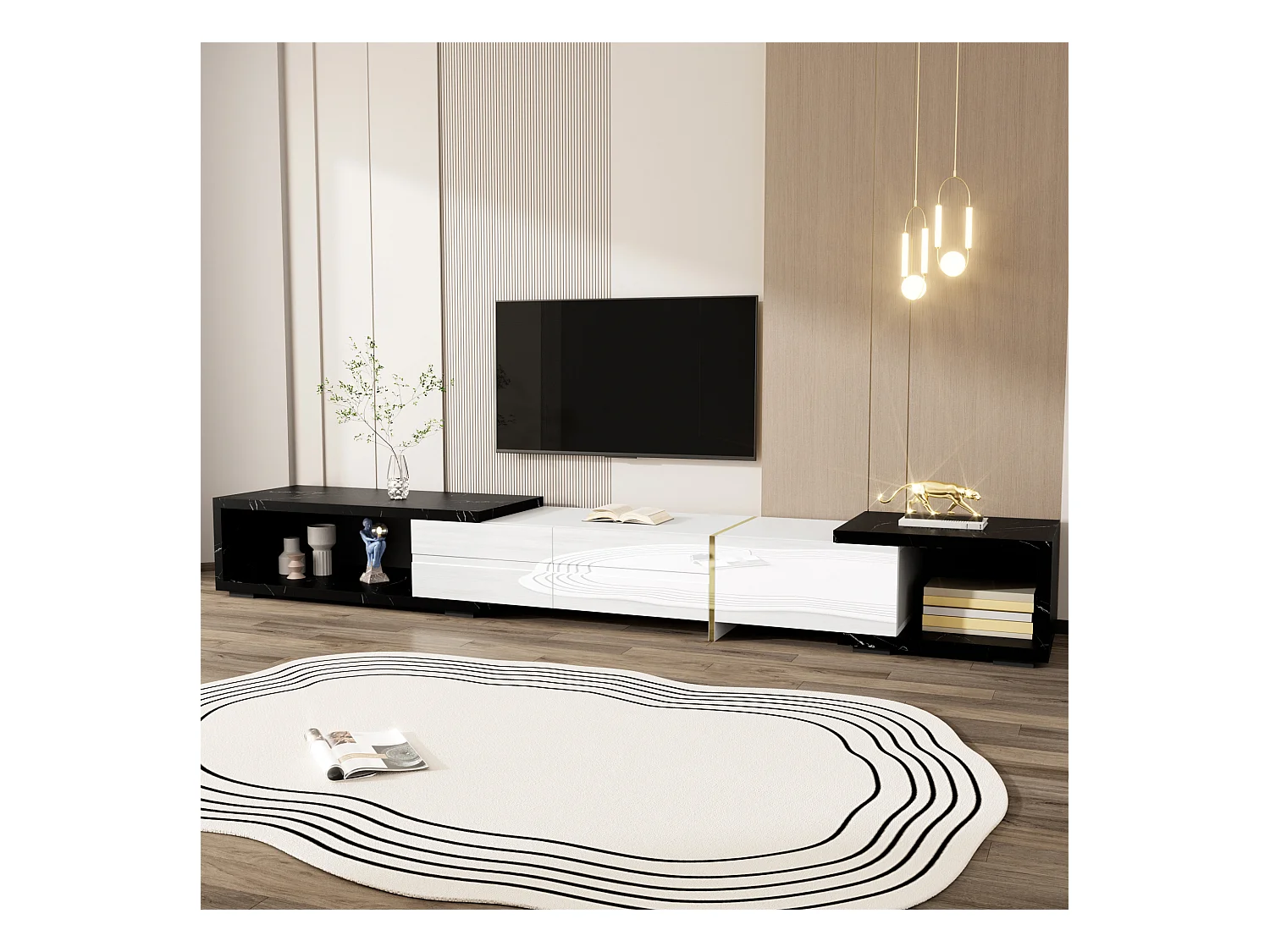 Meuble TV avec 3 portes, Longueur ajustable, façade blanche brillante et côtés en placage marbre noir - 140/260x40x30cm