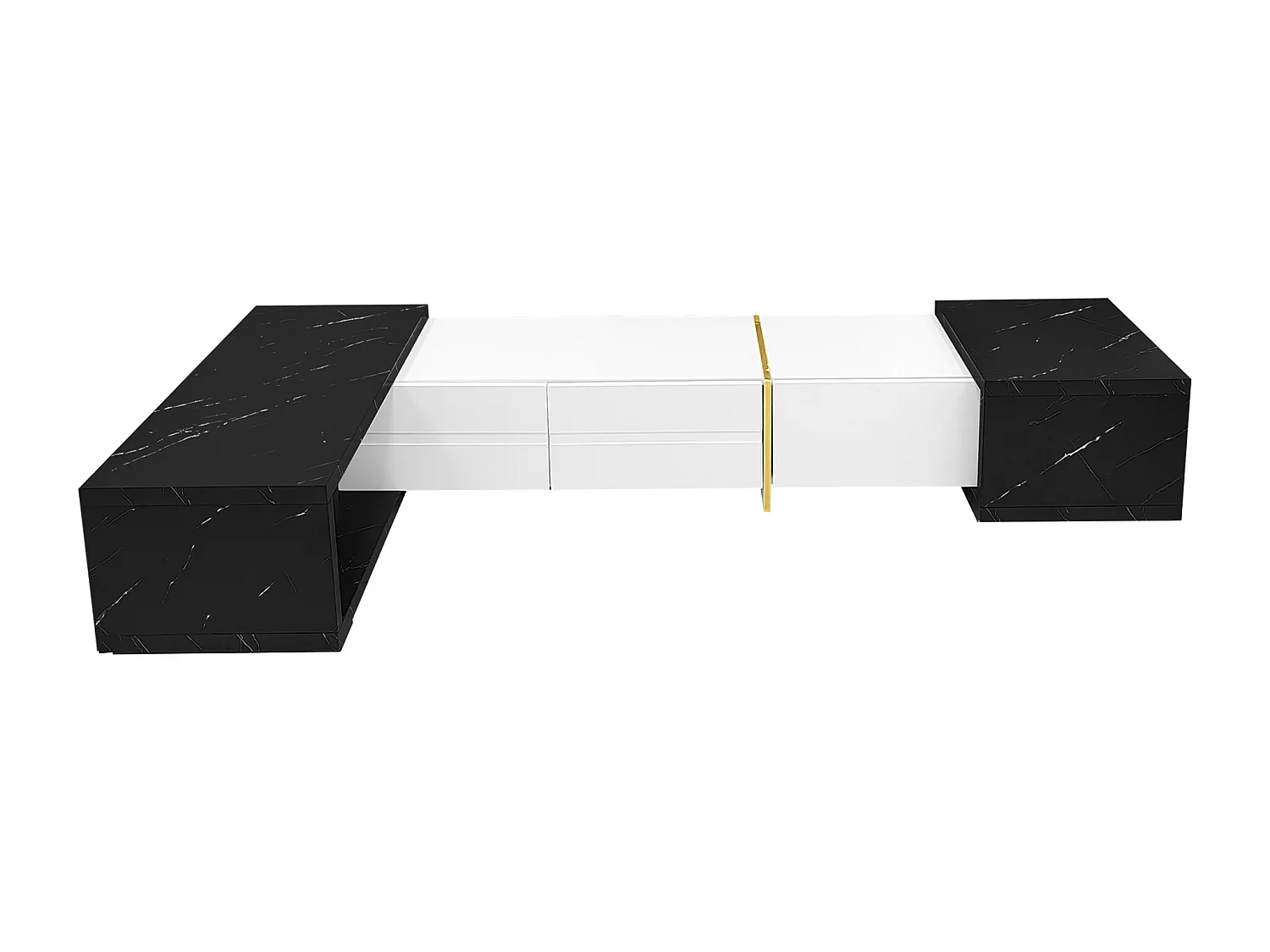 Meuble TV avec 3 portes, Longueur ajustable, façade blanche brillante et côtés en placage effet marbre noir - 140/260x40x30cm