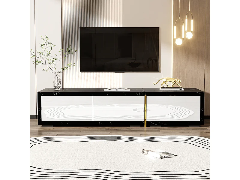 Móvel para TV com 3 portas, comprimento ajustável, frente branca brilhante e laterais em folheado com efeito mármore preto - 140/260x40x30cm