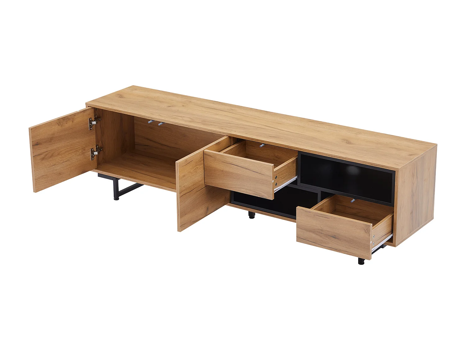 Meuble TV avec 2 portes, 2 tiroirs et 2 niches, bois et noir