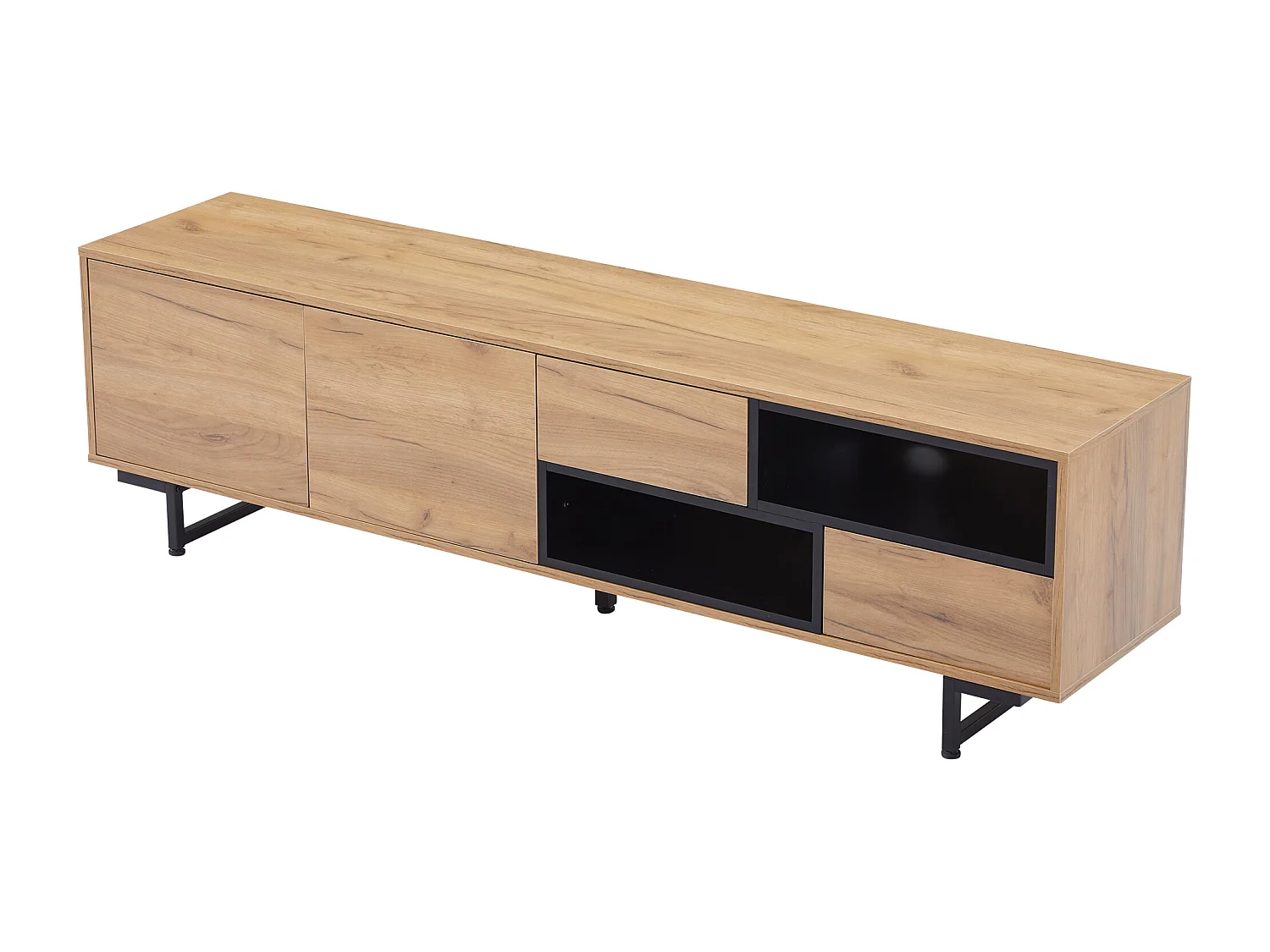 Meuble TV avec 2 portes, 2 tiroirs et 2 niches, bois et noir