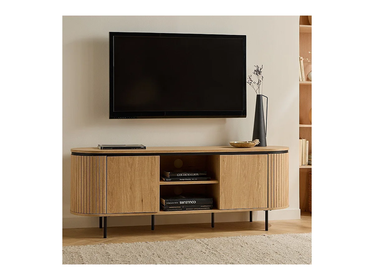 Meuble TV 2 portes avec côtés effet rainuré L150 cm - MALAGA