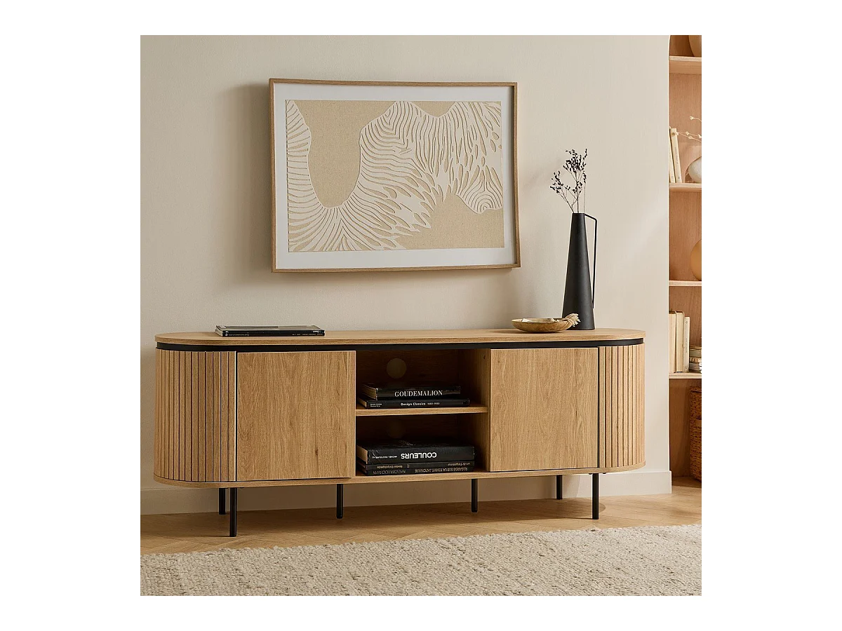 Meuble TV 2 portes avec côtés effet rainuré L150 cm - MALAGA