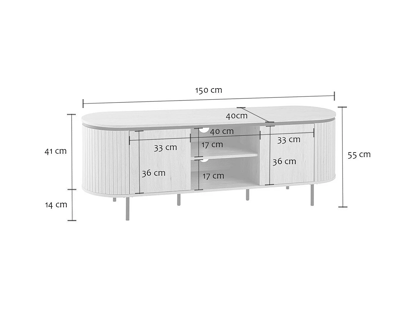Meuble TV 2 portes avec côtés effet rainuré L150 cm - MALAGA