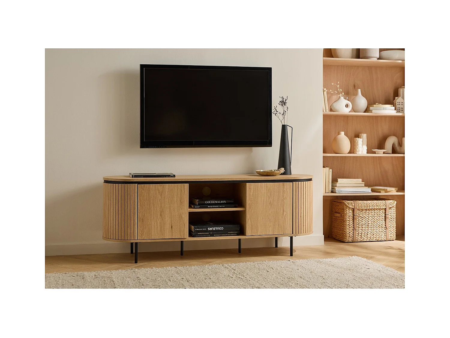 Meuble TV 2 portes avec côtés effet rainuré L150 cm - MALAGA