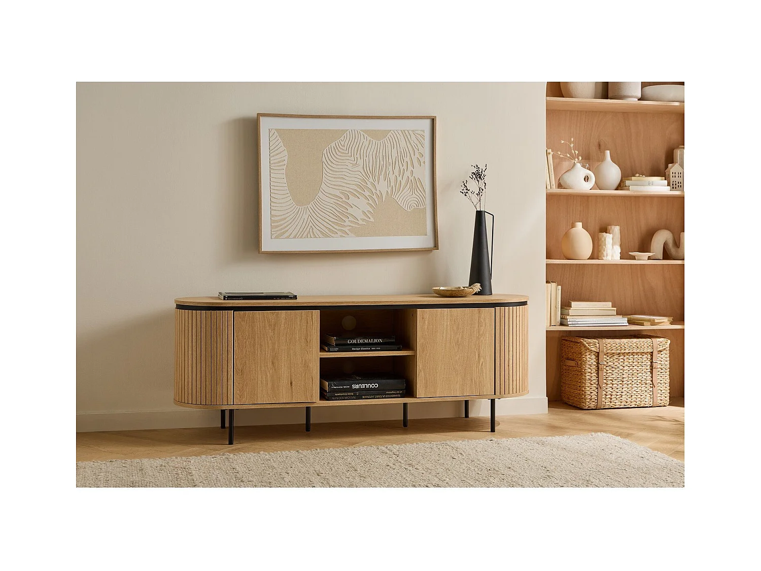 Meuble TV 2 portes avec côtés effet rainuré L150 cm - MALAGA