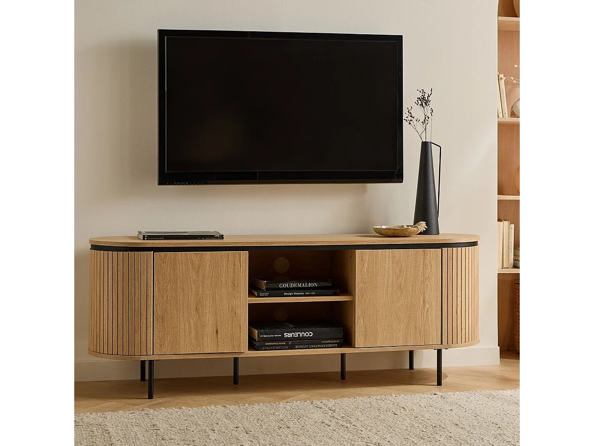 Meuble TV 2 portes avec côtés effet rainuré L150 cm - MALAGA
