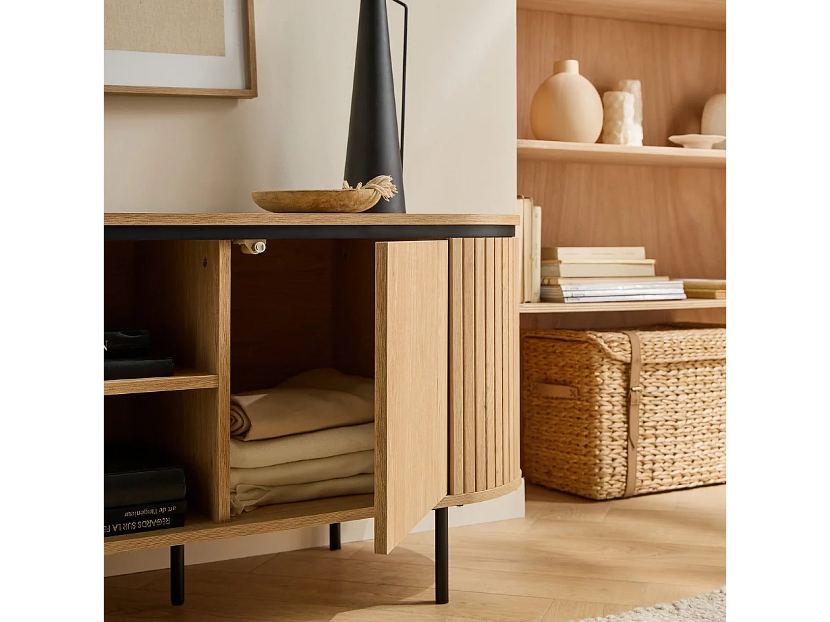 Meuble TV 2 portes avec côtés effet rainuré L150 cm - MALAGA