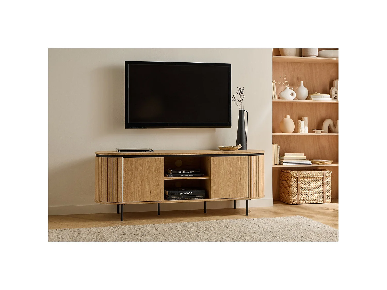 Meuble TV 2 portes avec côtés effet rainuré L150 cm - MALAGA