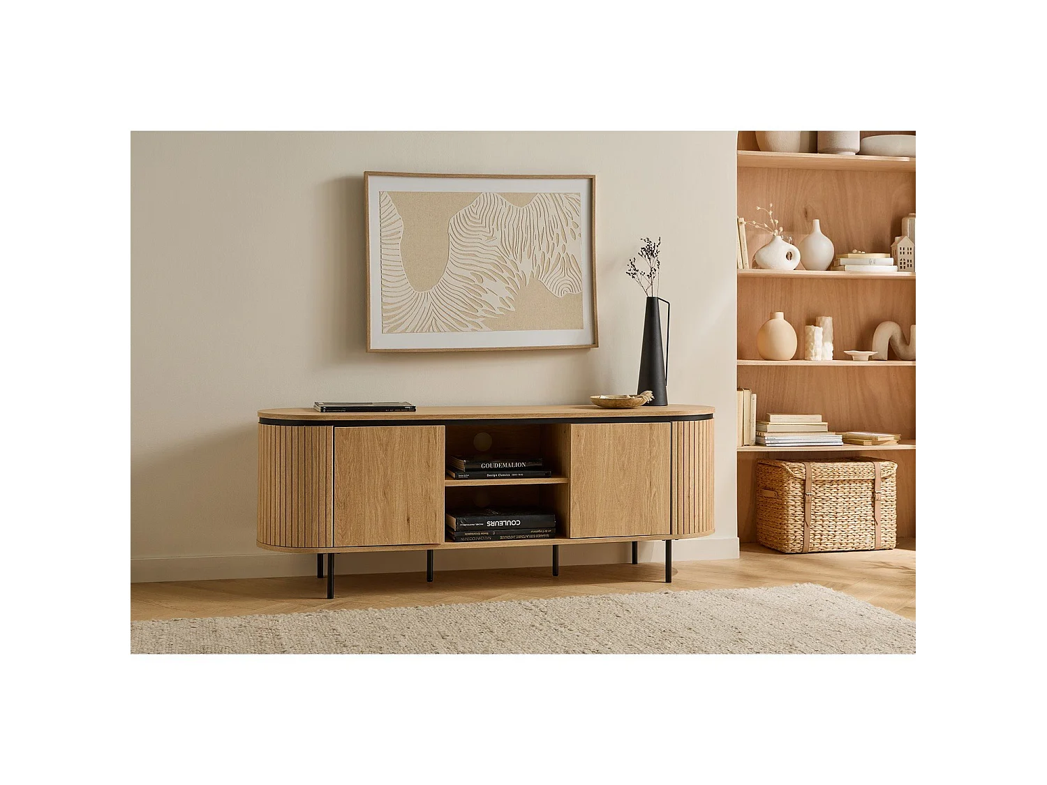 Meuble TV 2 portes avec côtés effet rainuré L150 cm - MALAGA