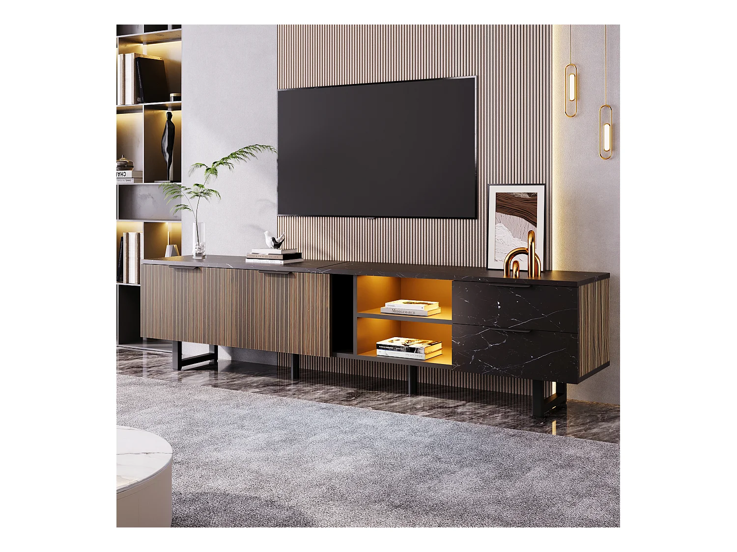 Meuble TV avec 2 portes, 2 tiroirs et 2 niches, LED inclus, en placage marbre noir et woodgrain foncé - 200x38x50cm