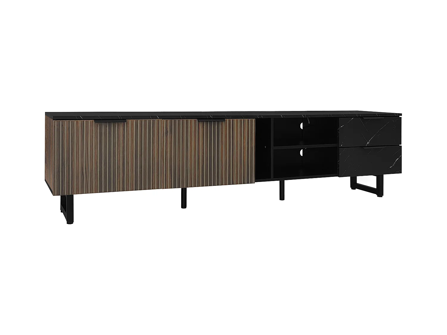 Meuble TV avec 2 portes, 2 tiroirs et 2 niches, LED inclus, en placage marbre noir et woodgrain foncé - 200x38x50cm