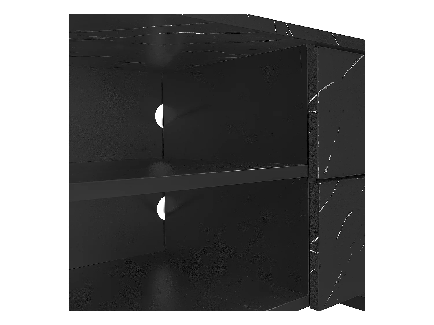 Meuble TV avec 2 portes, 2 tiroirs et 2 niches, LED inclus, en placage marbre noir et woodgrain foncé - 200x38x50cm