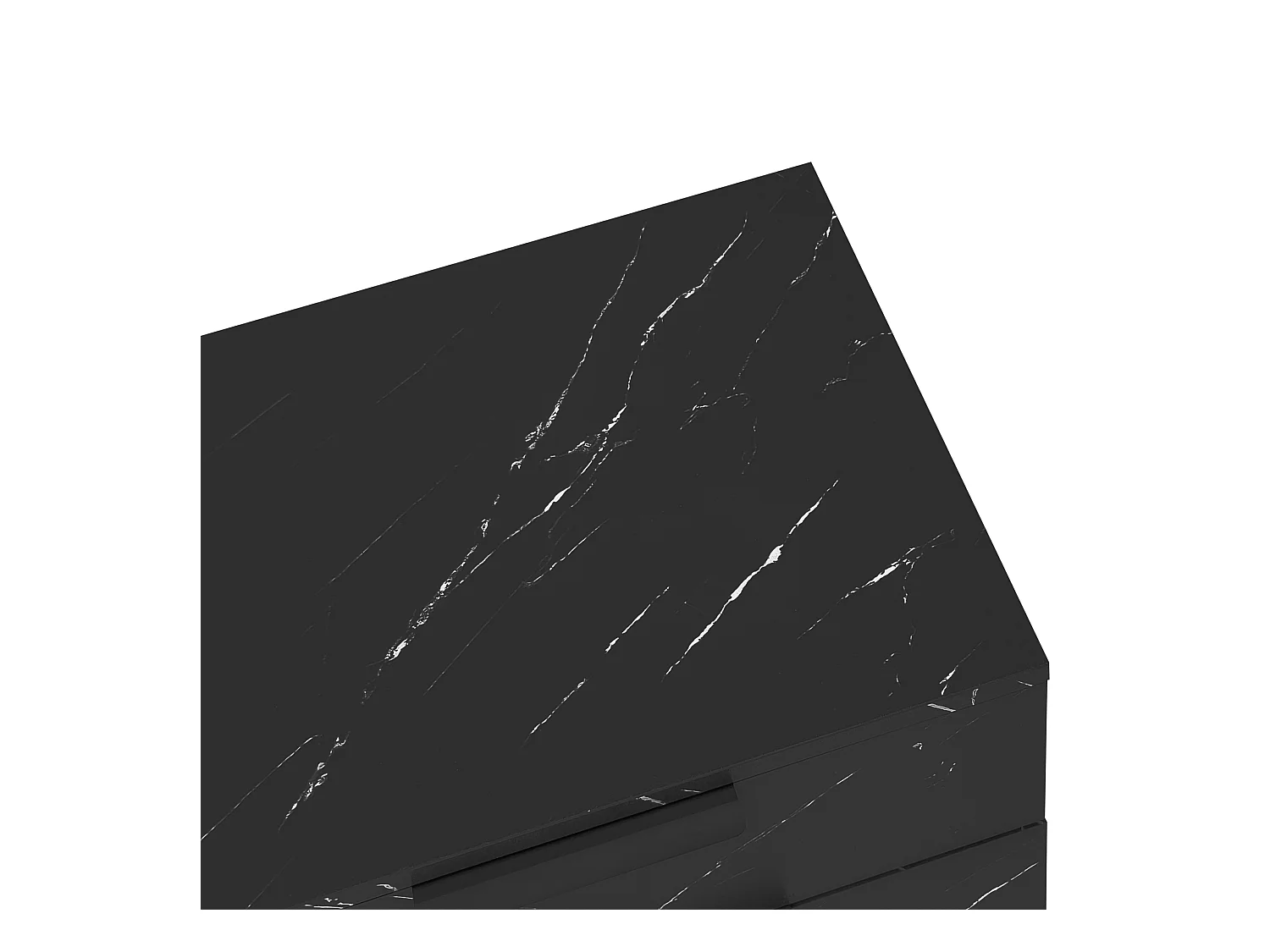 Meuble TV avec 2 portes, 2 tiroirs et 2 niches, LED inclus, en placage marbre noir et woodgrain foncé - 200x38x50cm