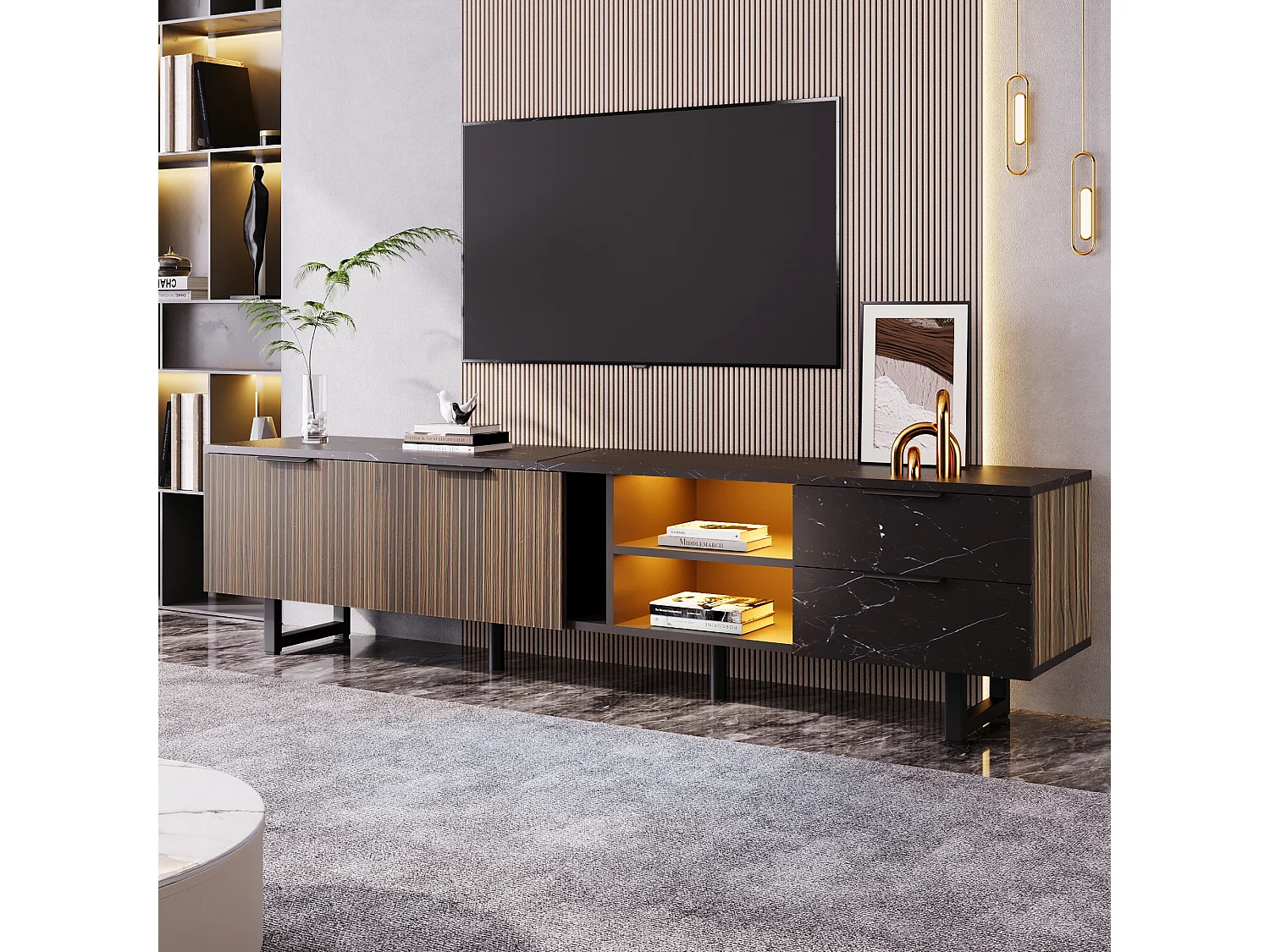 Meuble TV avec 2 portes, 2 tiroirs et 2 niches, LED inclus, en placage marbre noir et woodgrain foncé - 200x38x50cm
