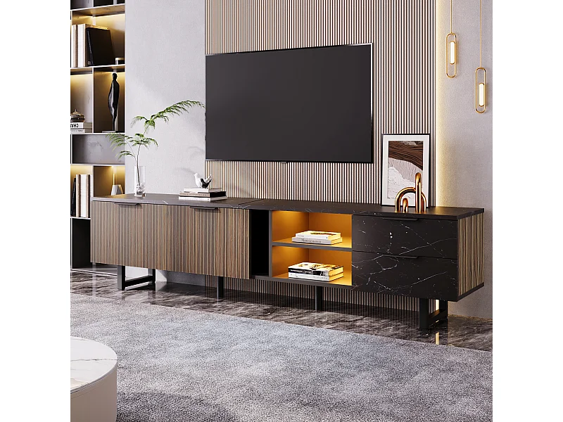 Meuble TV avec 2 portes, 2 tiroirs et 2 niches, LED inclus, en placage marbre noir et woodgrain foncé - 200x38x50cm