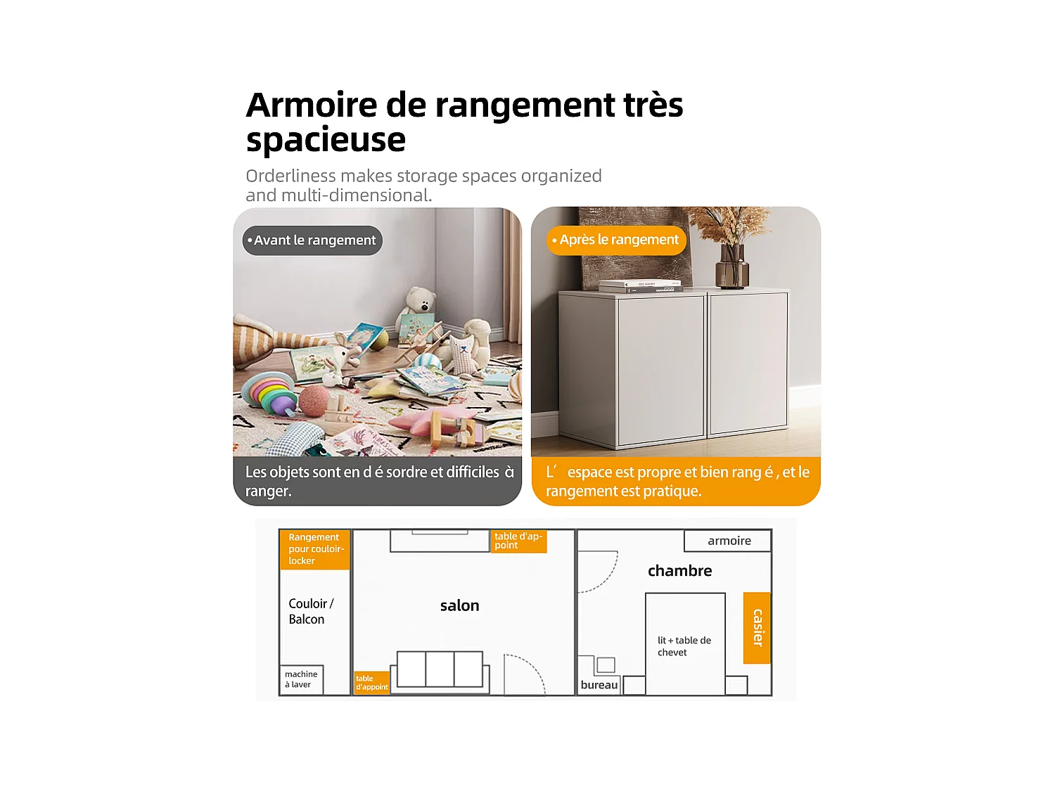 Commode à 3 tiroirs, meuble de rangement & buffet, design modulaire, pour chambre, salon & couloir, armoire de rangement 80 cm de large, blanc (B)