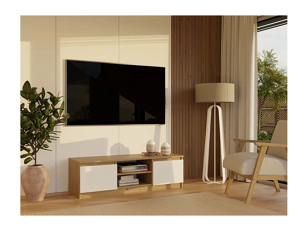 TIVOLI - Meuble TV style moderne - 120x40x36cm - 2 niches + 2 portes - Artisan et Blanc