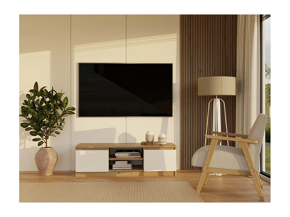 TIVOLI - Meuble TV style moderne - 120x40x36cm - 2 niches + 2 portes - Artisan et Blanc