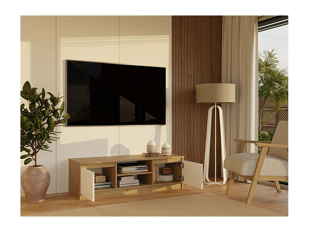 TIVOLI - Meuble TV style moderne - 120x40x36cm - 2 niches + 2 portes - Artisan et Blanc