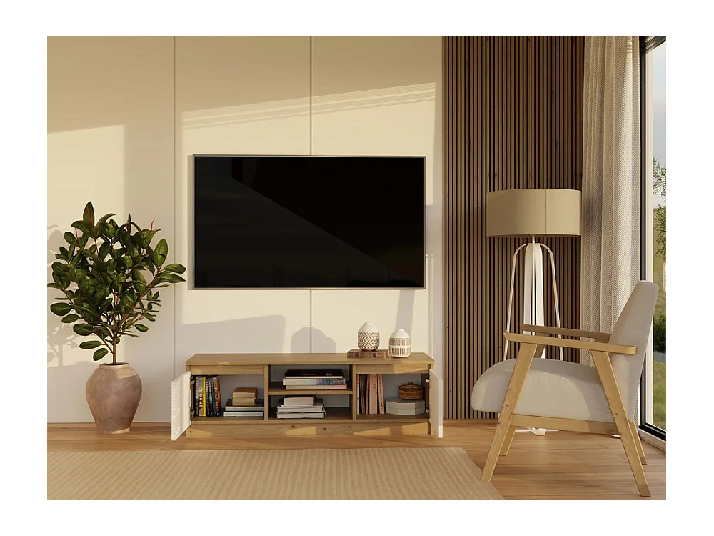 TIVOLI - Meuble TV style moderne - 120x40x36cm - 2 niches + 2 portes - Artisan et Blanc
