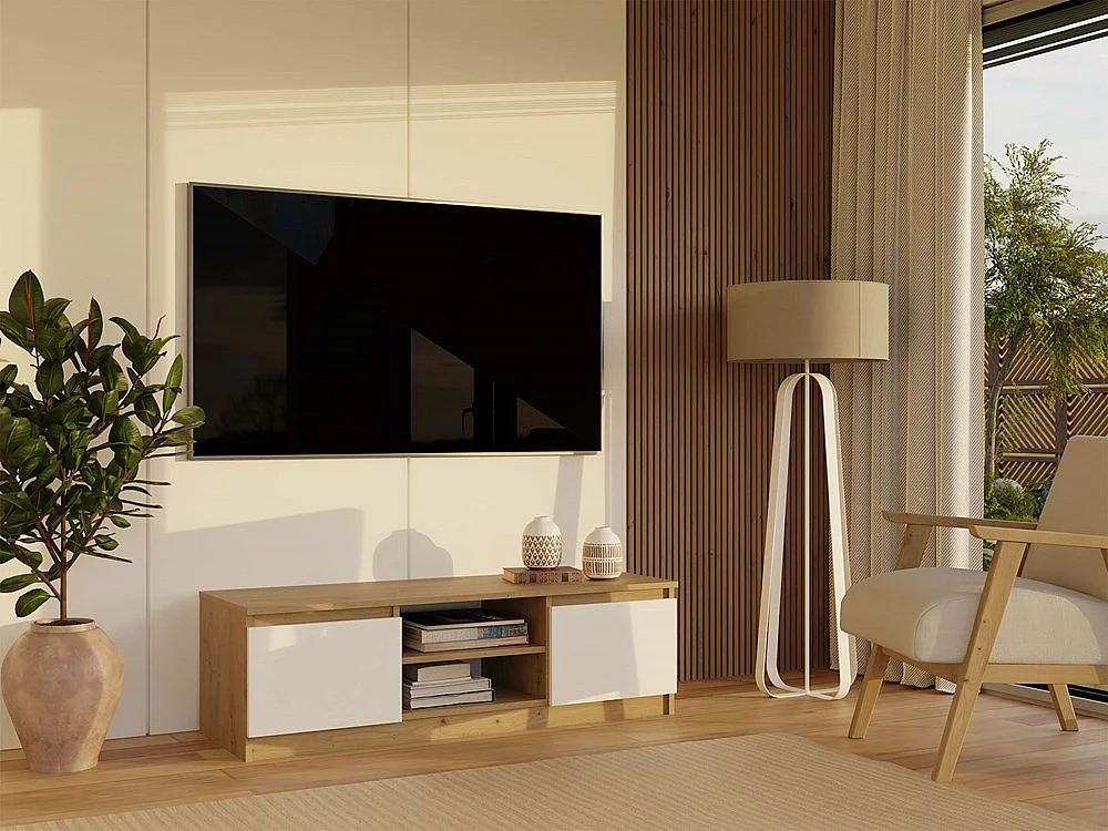 TIVOLI - Meuble TV style moderne - 120x40x36cm - 2 niches + 2 portes - Artisan et Blanc