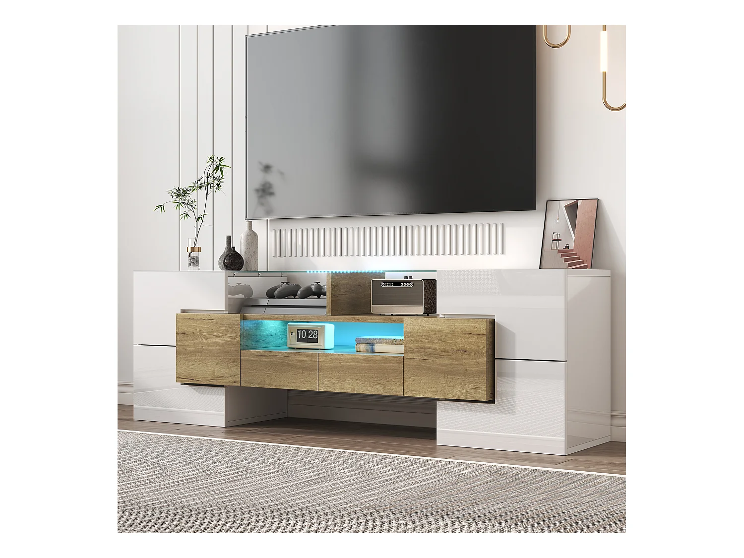 Meuble TV avec 6 portes, 2 tiroirs et 2 niches, LED inclus, en blanc laqué brillant et finition bois- 145x30x51cm
