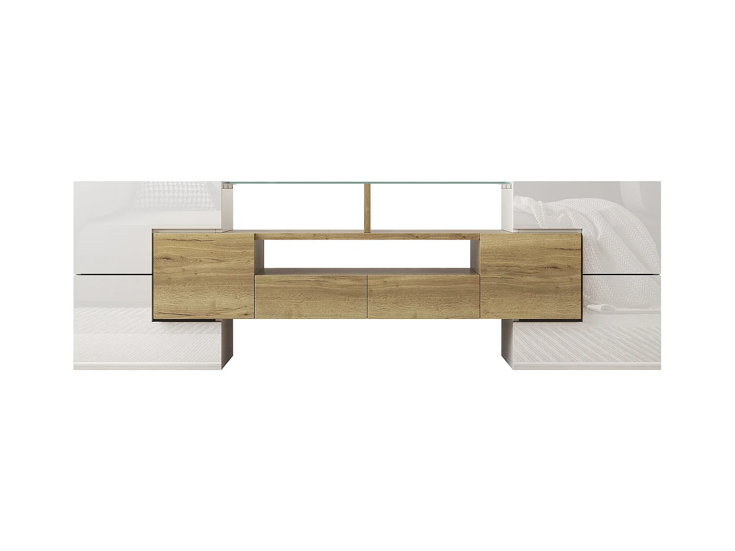 Meuble TV avec 6 portes, 2 tiroirs et 2 niches, LED inclus, en blanc laqué brillant et finition bois- 145x30x51cm