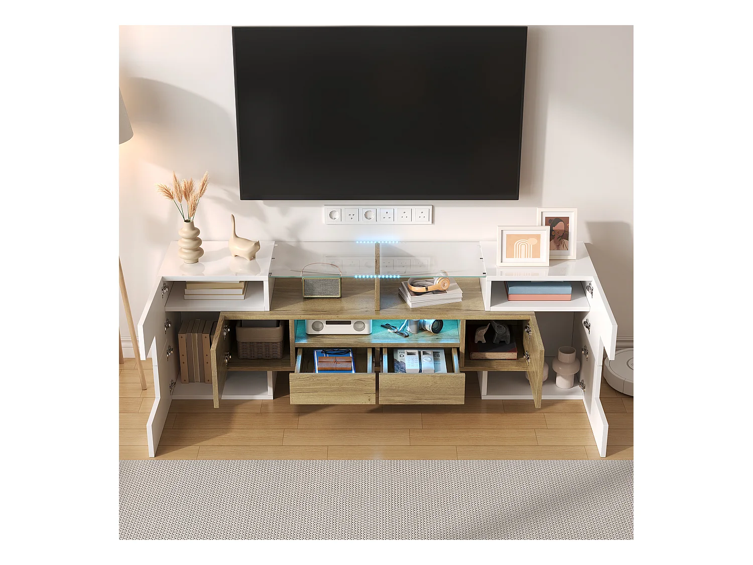 Meuble TV avec 6 portes, 2 tiroirs et 2 niches, LED inclus, en blanc laqué brillant et finition bois- 145x30x51cm