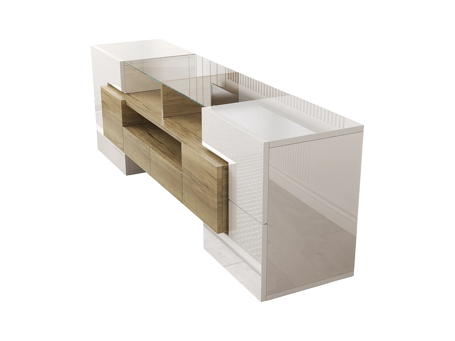 Meuble TV avec 6 portes, 2 tiroirs et 2 niches, LED inclus, en blanc laqué brillant et finition bois- 145x30x51cm