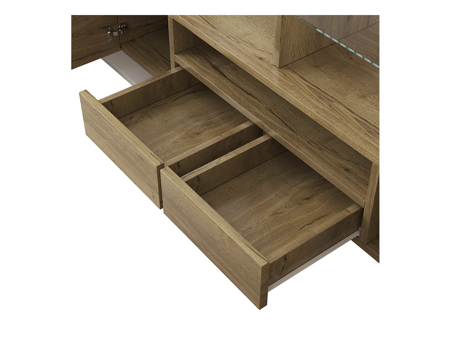 Meuble TV avec 6 portes, 2 tiroirs et 2 niches, LED inclus, en blanc laqué brillant et finition bois- 145x30x51cm