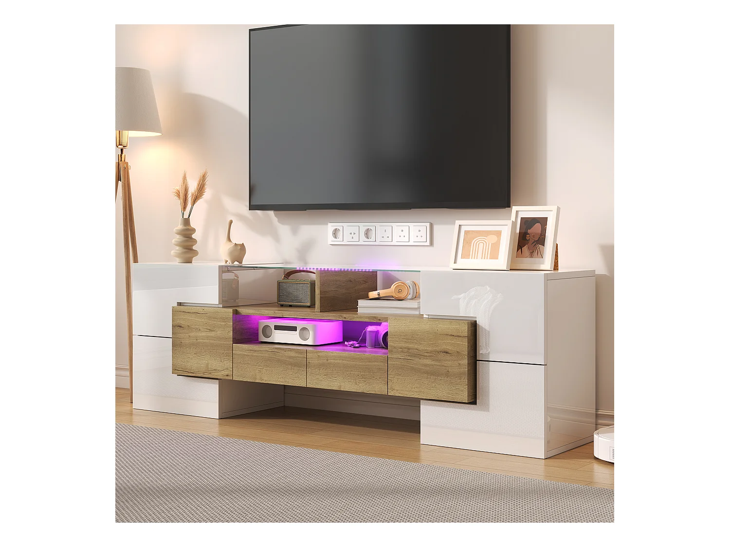 Meuble TV avec 6 portes, 2 tiroirs et 2 niches, LED inclus, en blanc laqué brillant et finition bois- 145x30x51cm
