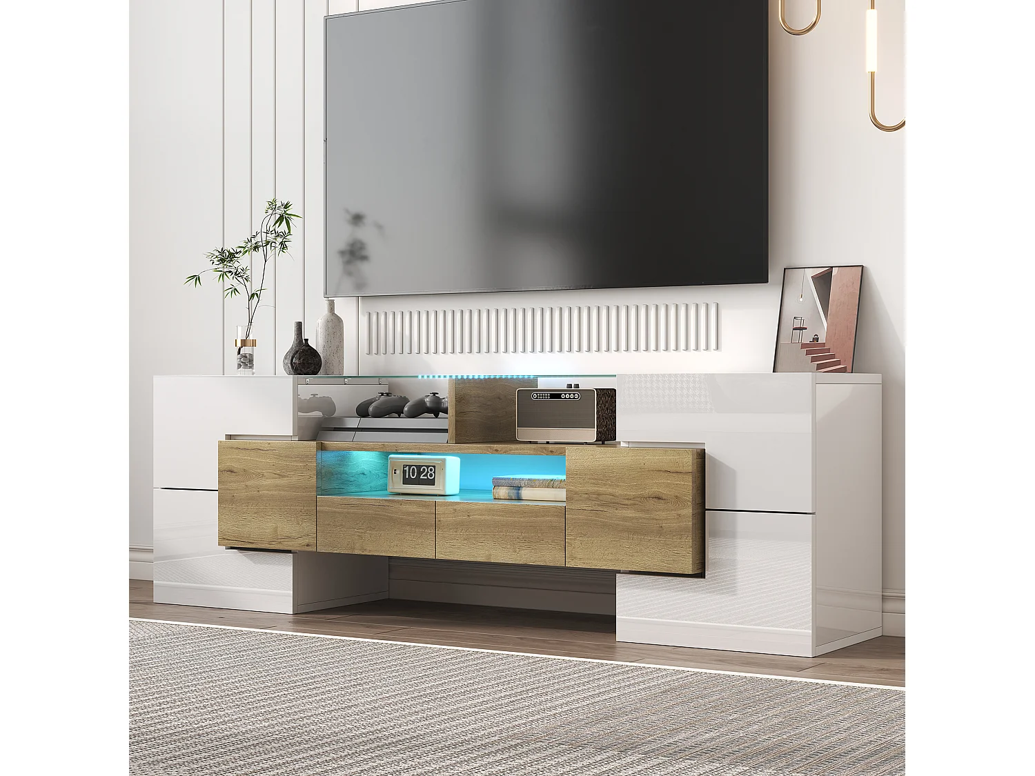 Meuble TV avec 6 portes, 2 tiroirs et 2 niches, LED inclus, en blanc laqué brillant et finition bois- 145x30x51cm